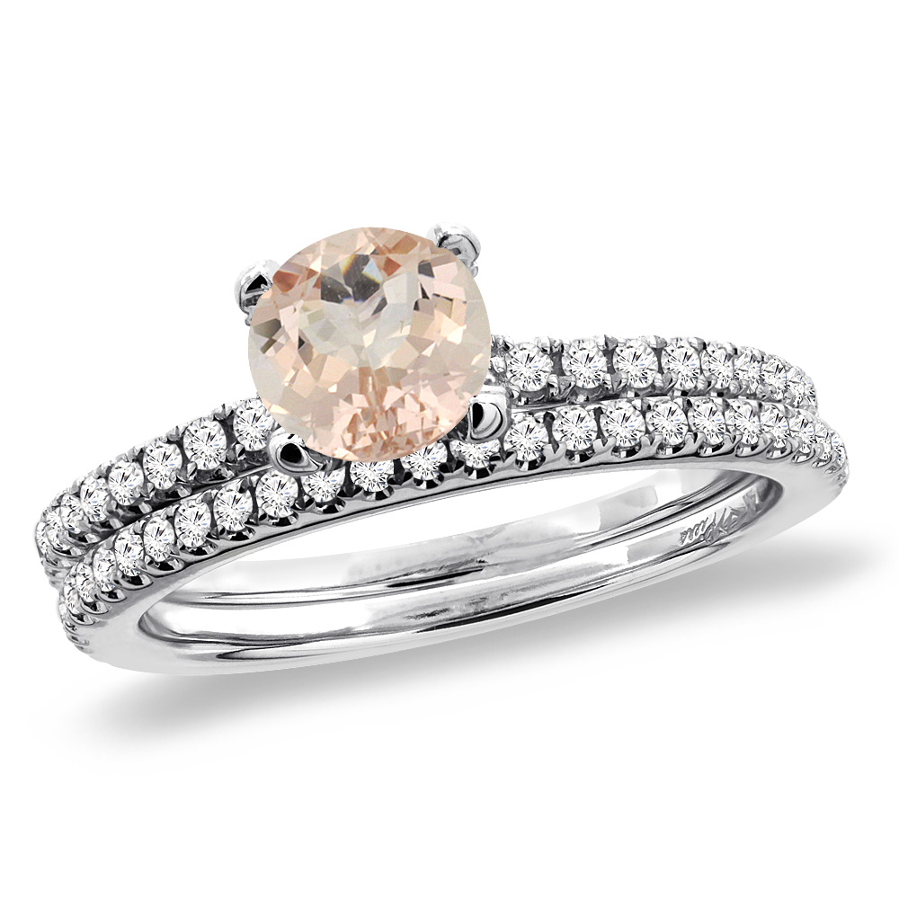 14K White Gold Diamond Natural Morganite 2pc Engagement Ring Set Round 5 mm, sizes 5-10