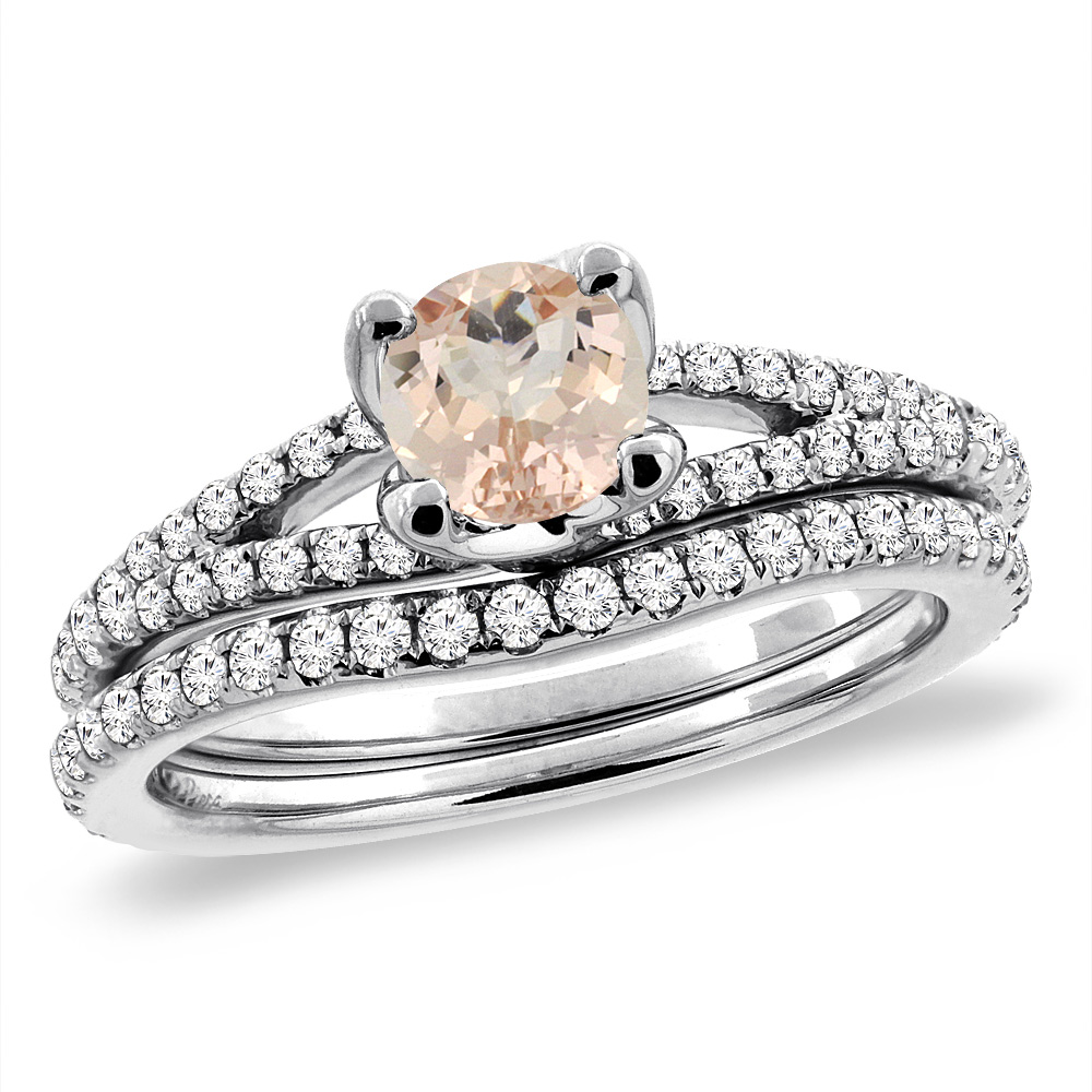 14K White Gold Diamond Natural Morganite 2pc Engagement Ring Set Round 5 mm, sizes 5-10