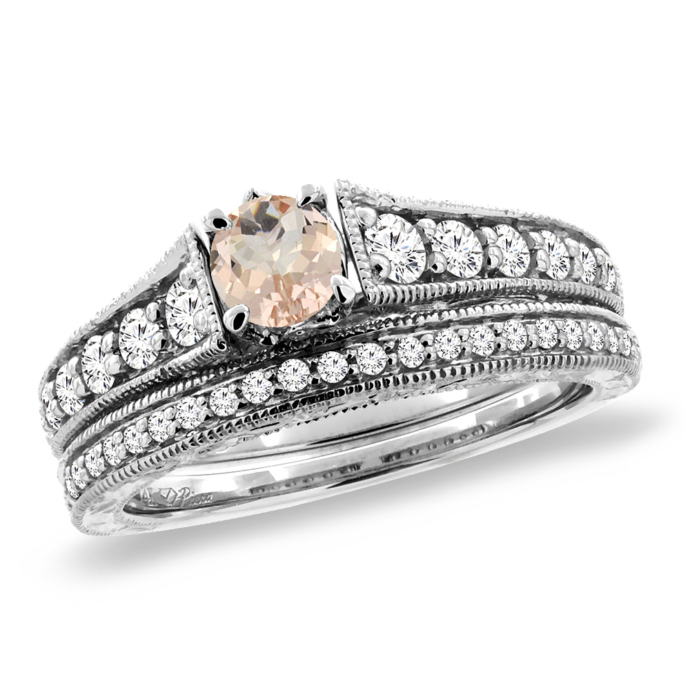 14K White Gold Diamond Natural Morganite 2pc Engagement Ring Set Round 5 mm, sizes 5-10