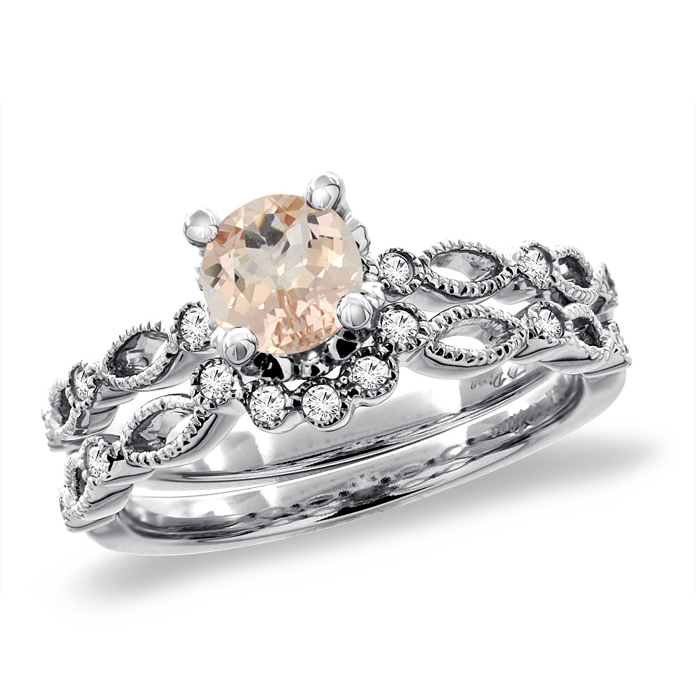 14K White Gold Diamond Natural Morganite 2pc Engagement Ring Set Round 5 mm, sizes 5 - 10