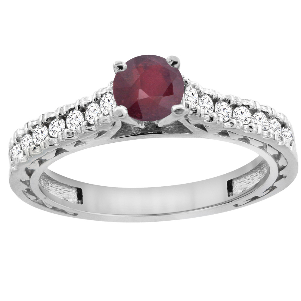 14K White Gold Natural Enhanced Ruby Round 5mm Engraved Engagement Ring Diamond Accents, sizes 5 - 10