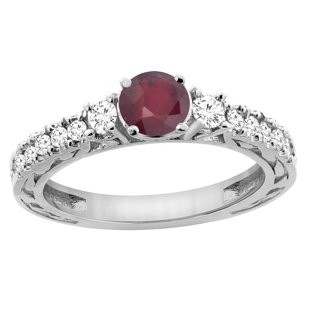 14K White Gold Natural Enhanced Ruby Round 6mm Engraved Engagement Ring Diamond Accents, sizes 5 - 10