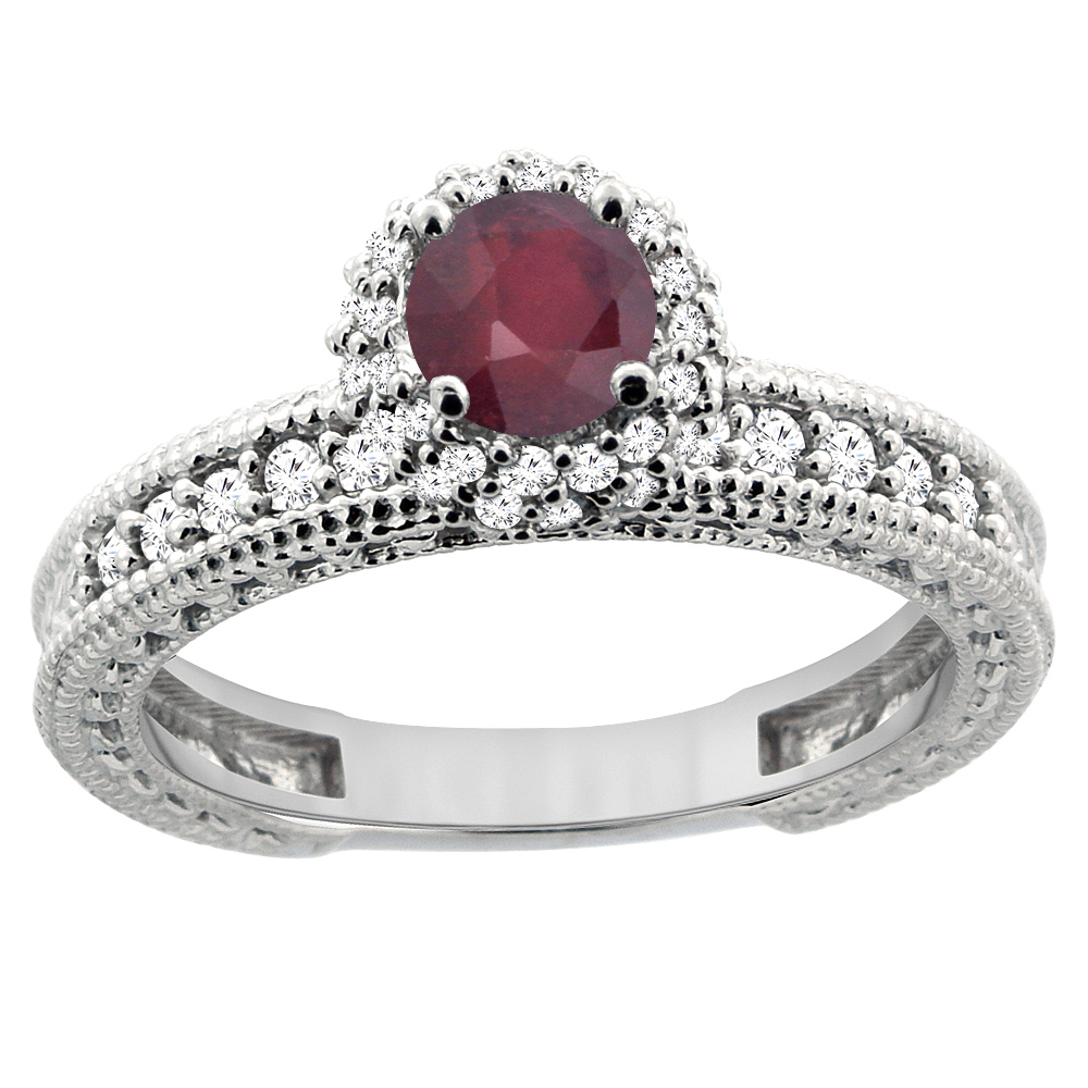14K White Gold Enhanced Genuine Ruby Round 5mm Engagement Ring Diamond Accents, sizes 5 - 10
