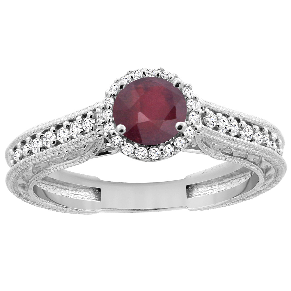 14K White Gold Natural Enhanced Ruby Round 5mm Engraved Engagement Ring Diamond Accents, sizes 5 - 10