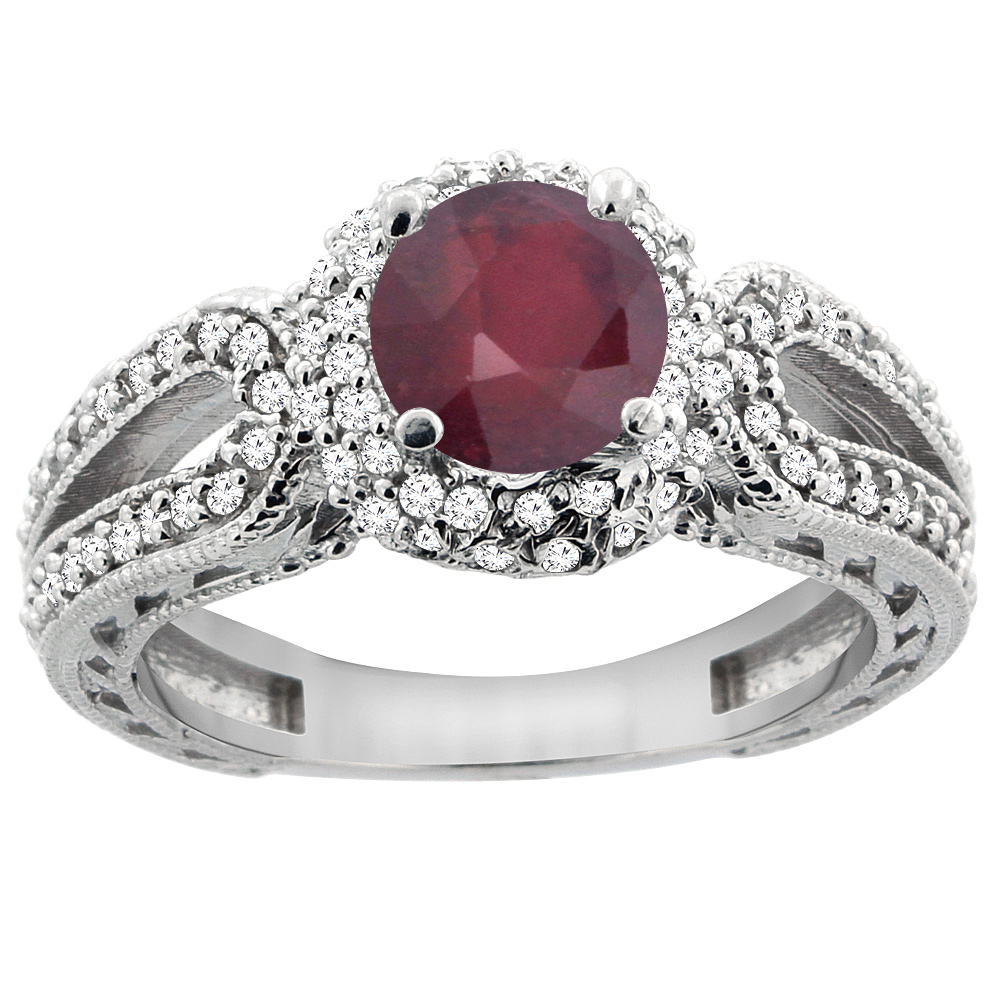14K White Gold Natural Enhanced Ruby Engagement Ring Round 6mm Engraved Split Shank Diamond Accents, sizes 5 - 10