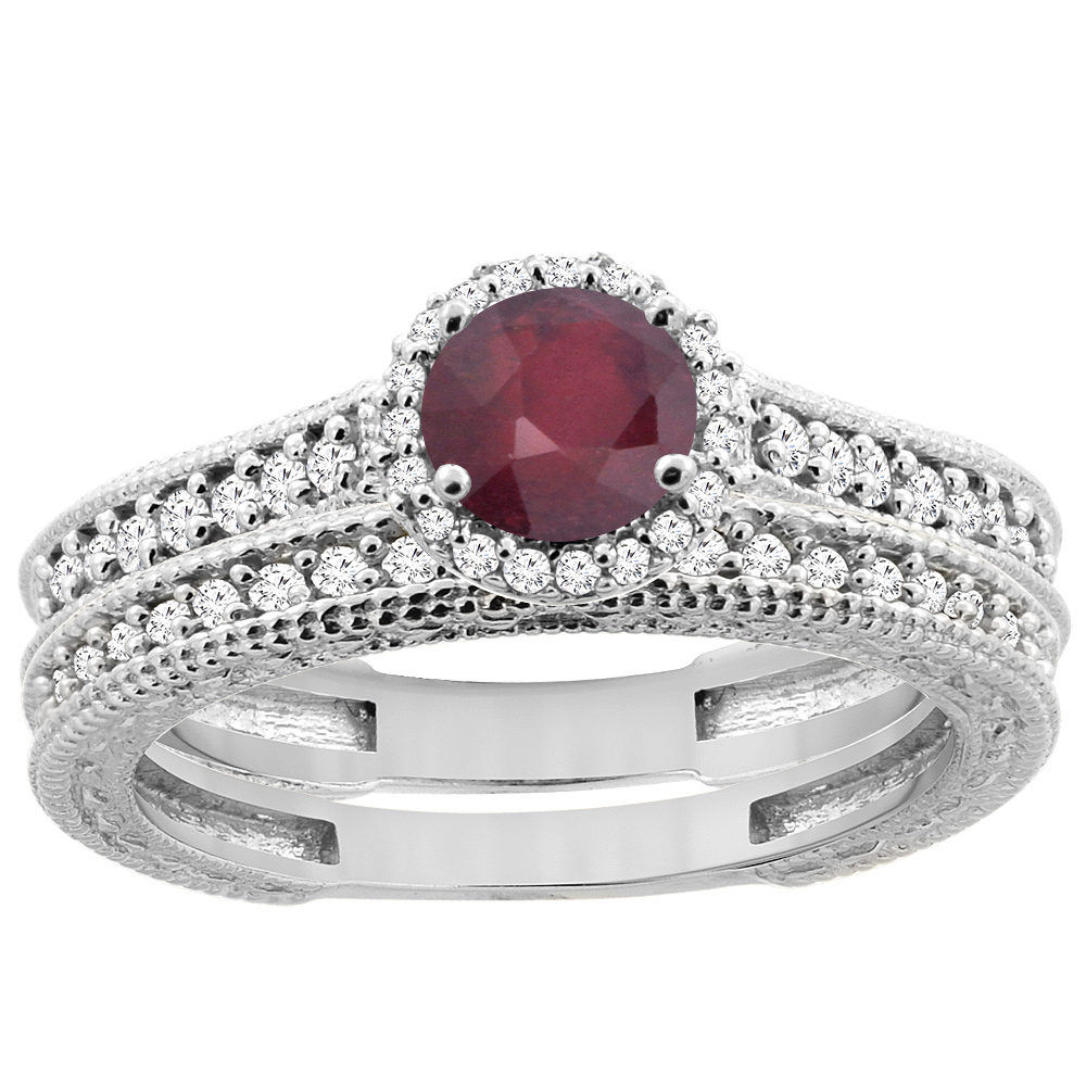 14K White Gold Natural Enhanced Ruby Round 5mm Engagement Ring 2-piece Set Diamond Accents, sizes 5 - 10