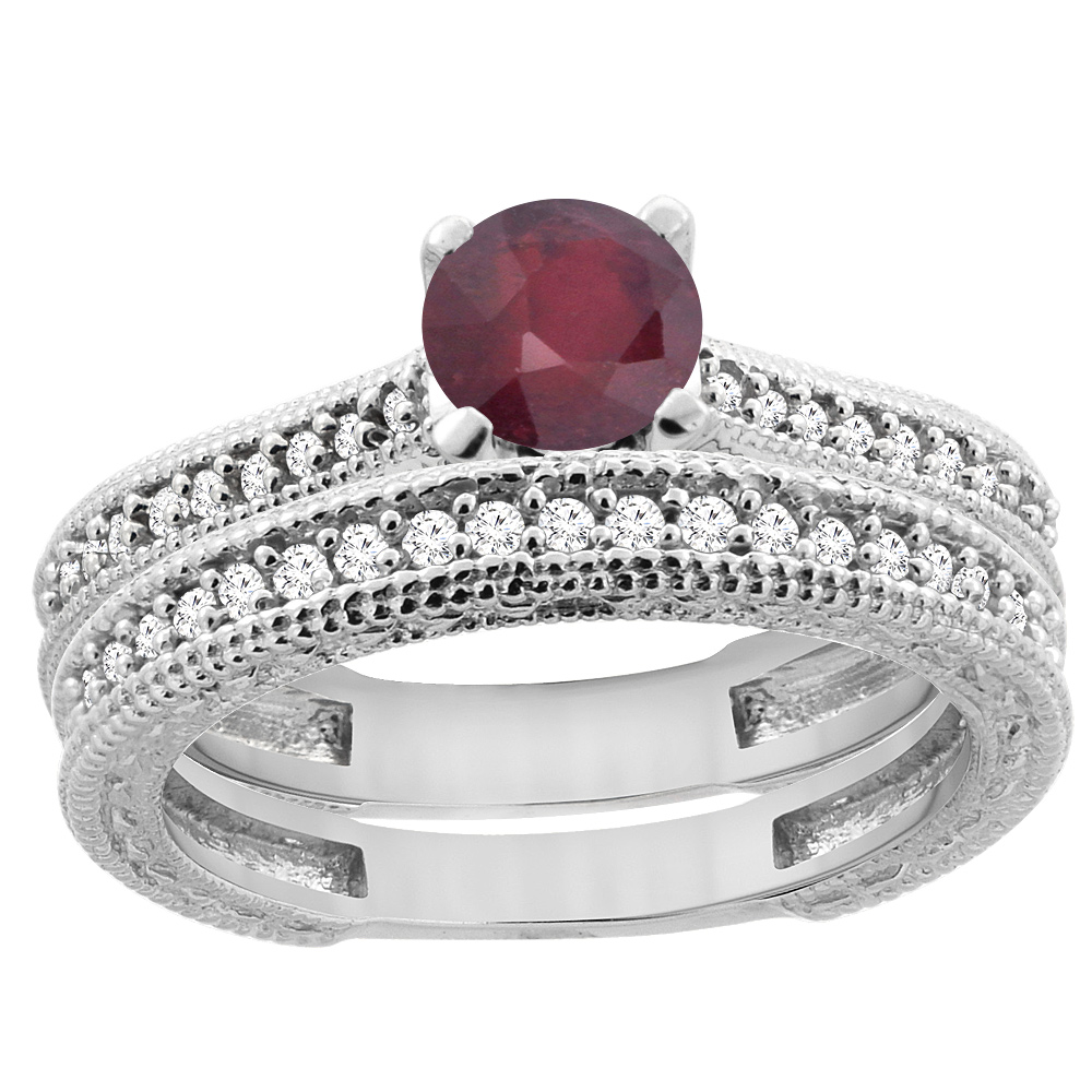 14K White Gold Natural Enhanced Ruby Round 5mm Engraved Engagement Ring 2-piece Set Diamond Accents, sizes 5 - 10