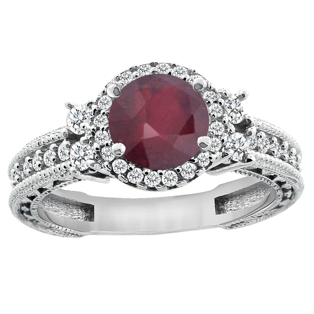 14K White Gold Natural Enhanced Ruby Halo Engagement Ring Round 6mm Diamond Accents, sizes 5 - 10