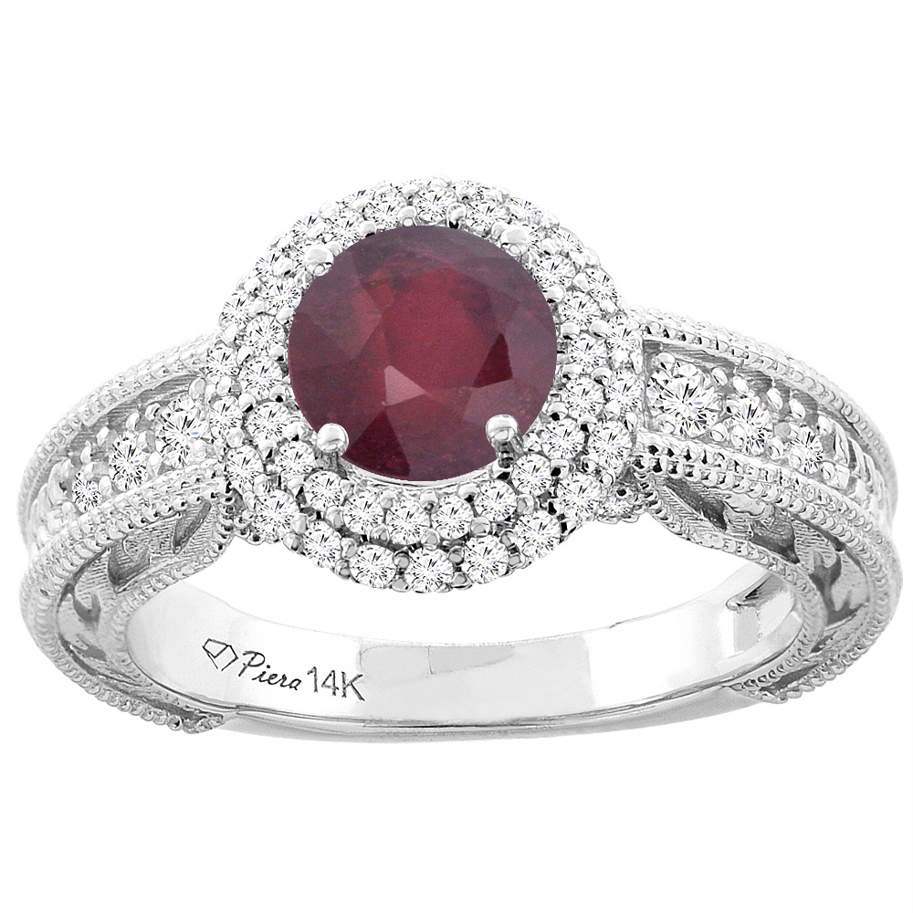 14K White Gold Enhanced Ruby & Diamond Halo Ring Round 6 mm, sizes 5-10