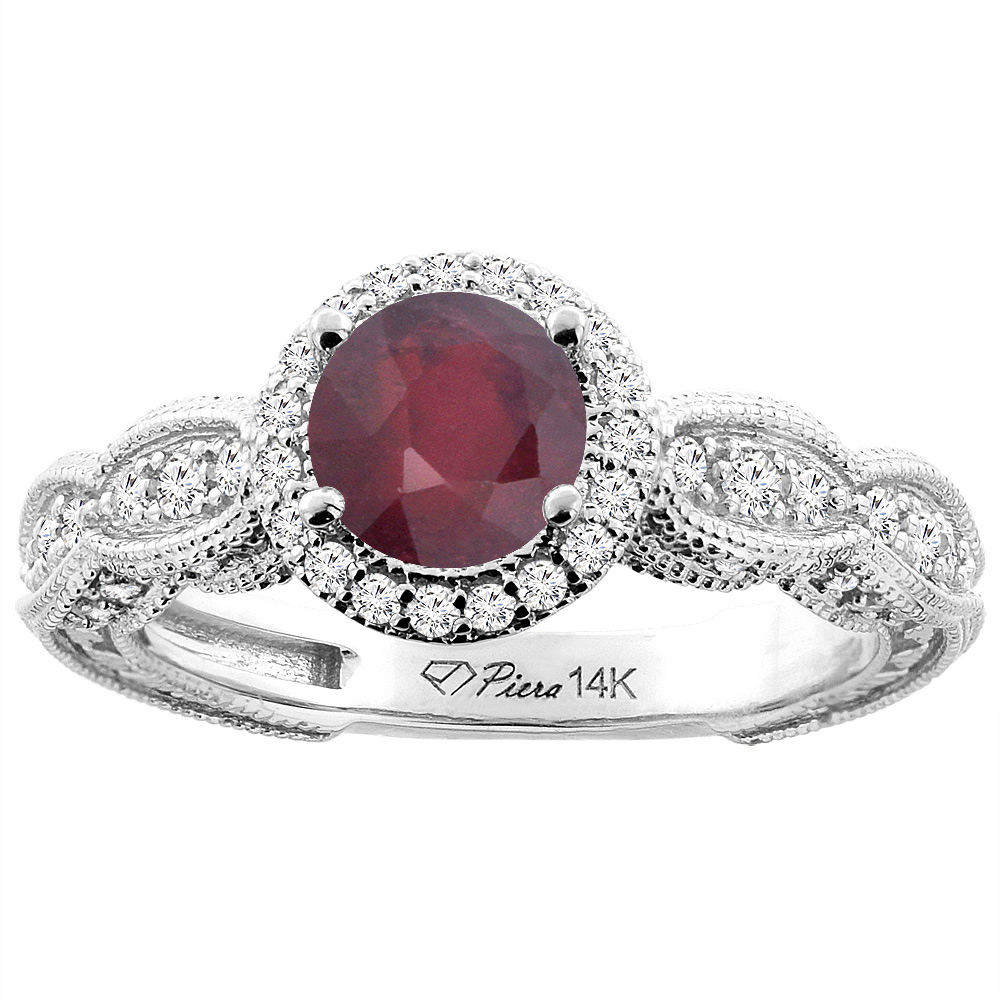 14K White Gold Enhanced Ruby & Diamond Halo Ring Round 6 mm, sizes 5-10