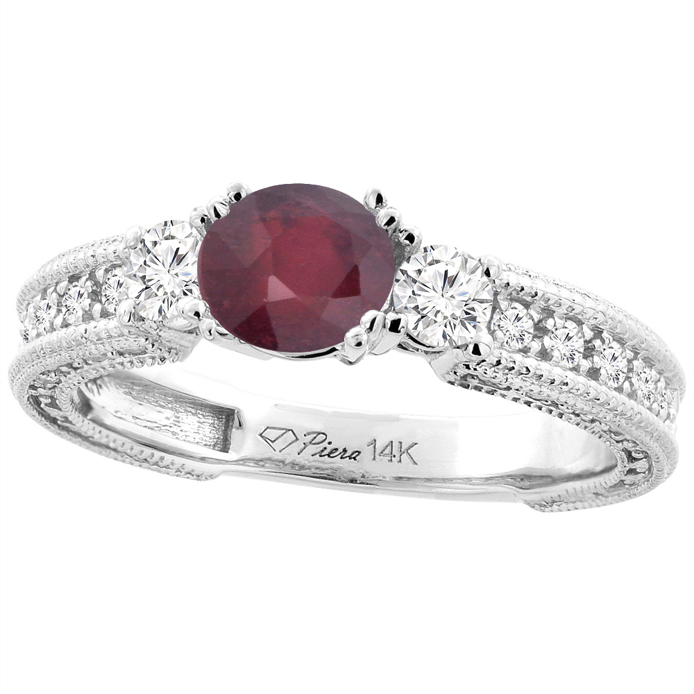 14K White Gold Enhanced Ruby &amp; Genuine Diamond Ring Round 6 mm, sizes 5-10