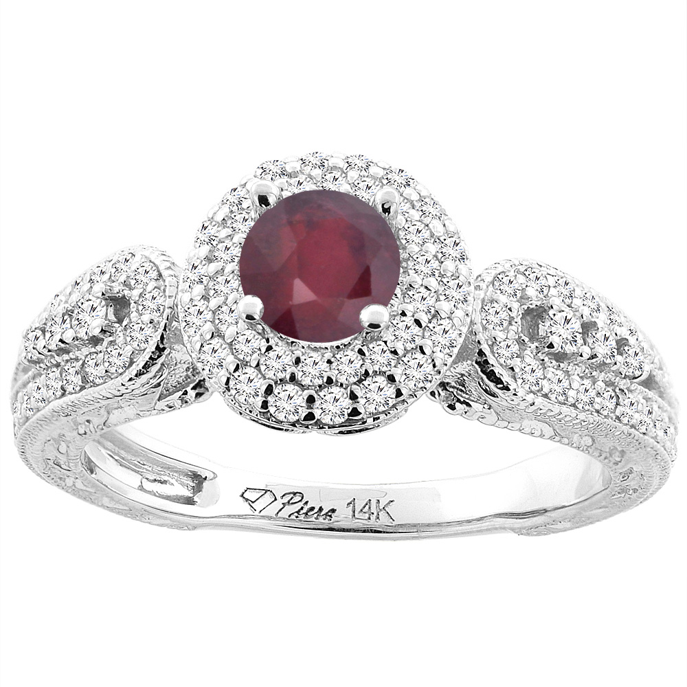 14K Yellow Gold Enhanced Ruby & Diamond Halo Ring Round 5 mm, sizes 5-10