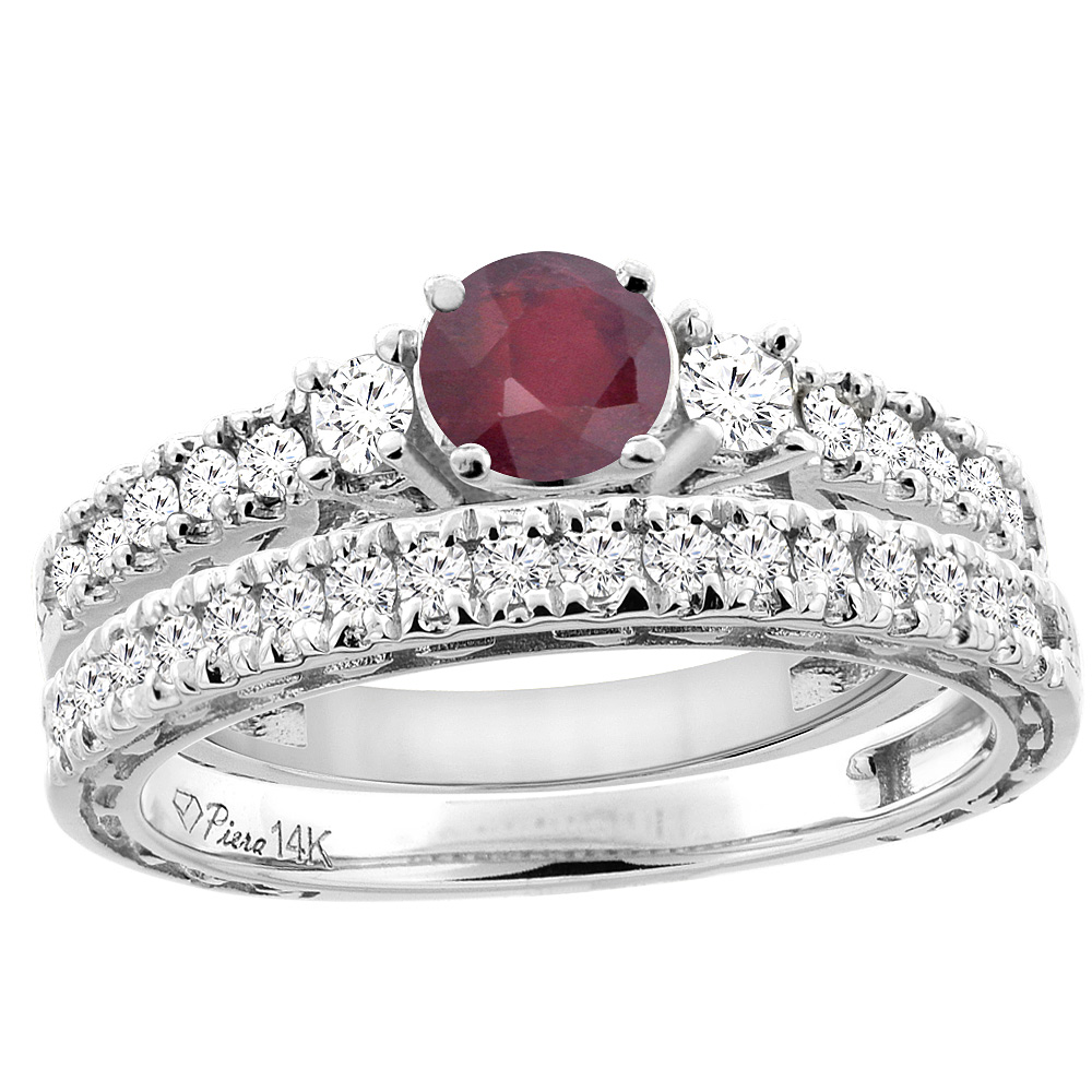 14K Yellow Gold Diamond Enhanced Ruby Engagement 2-pc Ring Set Engraved Round 6 mm, sizes 5 - 10