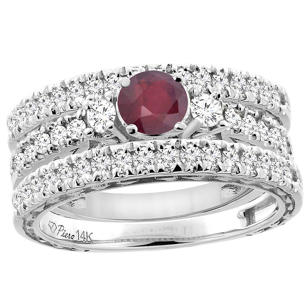 14K Yellow Gold Diamond Enhanced Ruby Engagement 3-pc Ring Set Engraved Round 6 mm, sizes 5 - 10