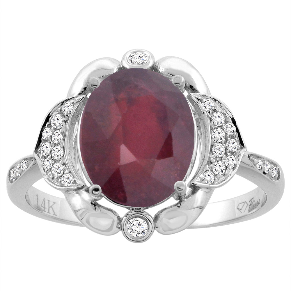 14K White Gold Diamond Enhanced Genuine Ruby Engagement Ring Oval 10x8mm, sizes 5-10