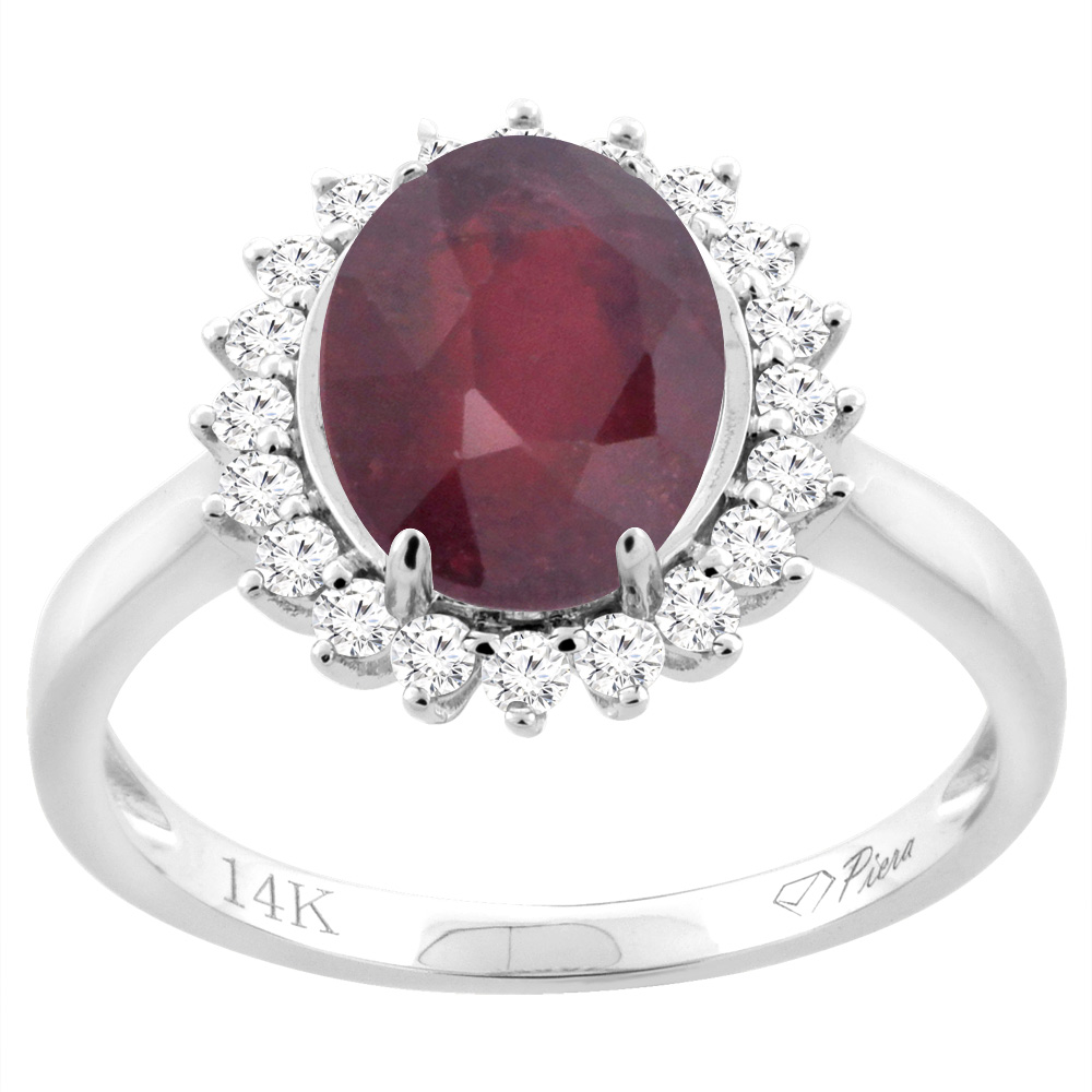 14K White Gold Diamond Enhanced Genuine Ruby Engagement Ring Oval 10x8mm, sizes 5-10