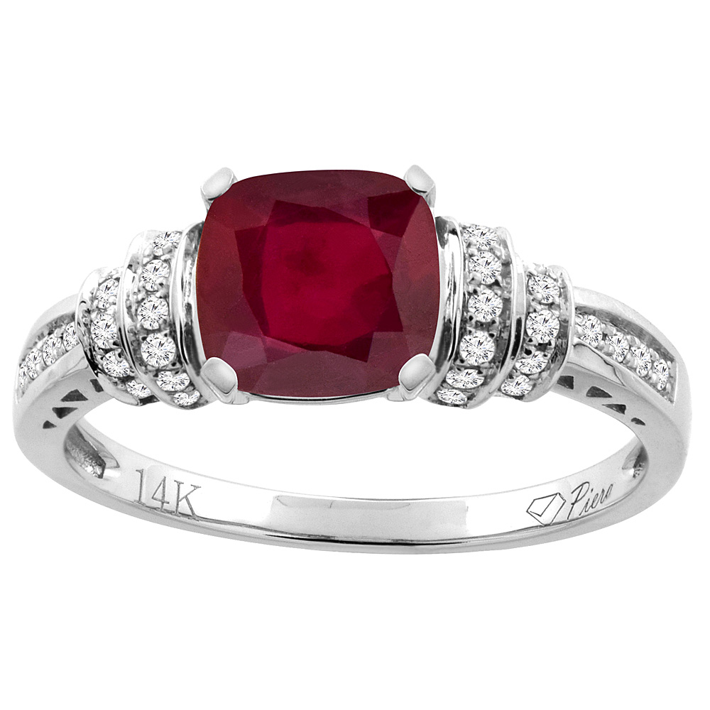 14K Gold Diamond and Enhanced Genuine Ruby Ring Cushion-cut 7x7 mm, sizes 5 - 10