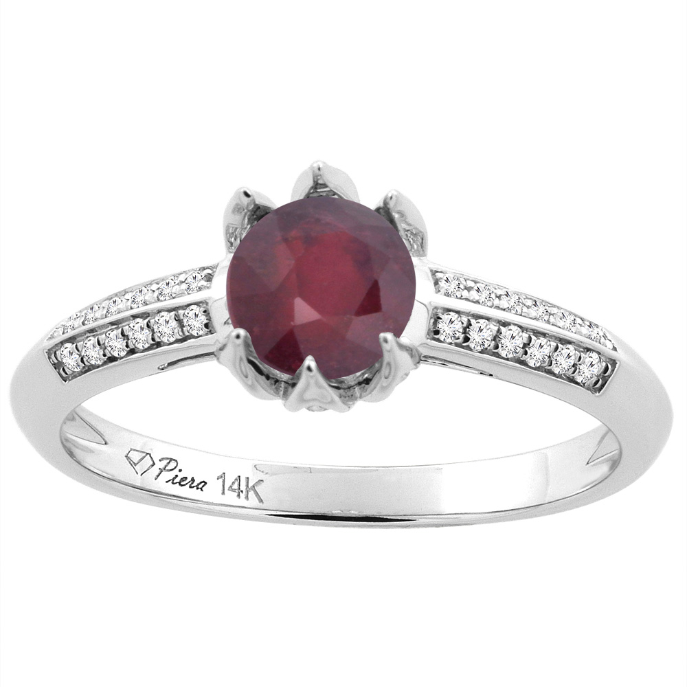 14K White Gold Enhanced Ruby Engagement Ring Round 6 mm & Diamond Accents, sizes 5 - 10