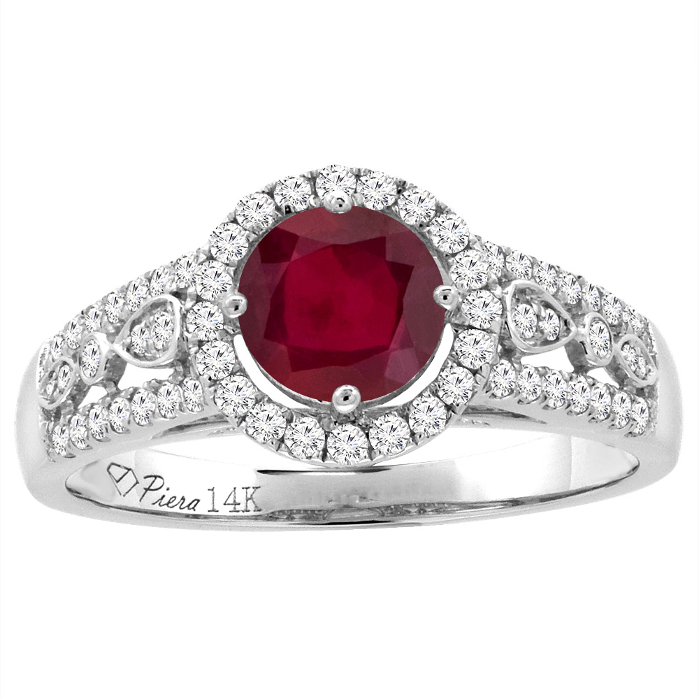 14K Yellow Gold Diamond Enhanced Genuine Ruby Engagement Halo Ring Round 7 mm, sizes 5-10