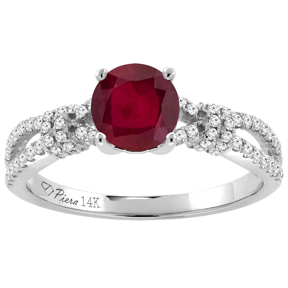 14K White Gold Diamond Enhanced Genuine Ruby Engagement Ring Round 7 mm, sizes 5-10