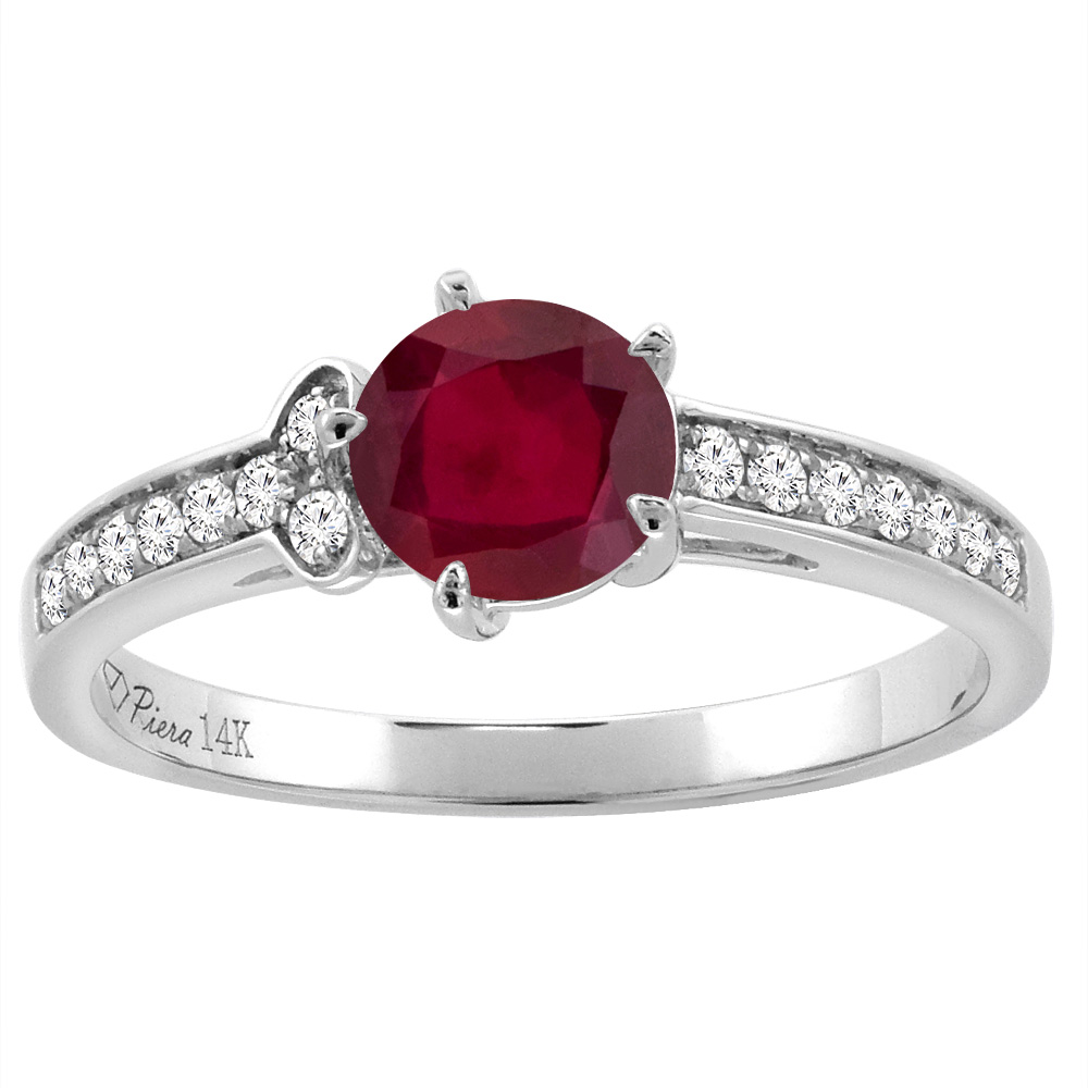 14K White Gold Diamond Enhanced Genuine Ruby Engagement Ring Round 7 mm, sizes 5-10