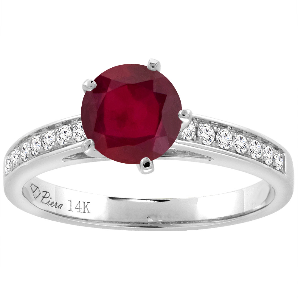 14K White Gold Diamond Enhanced Genuine Ruby Engagement Ring Round 7 mm, sizes 5-10