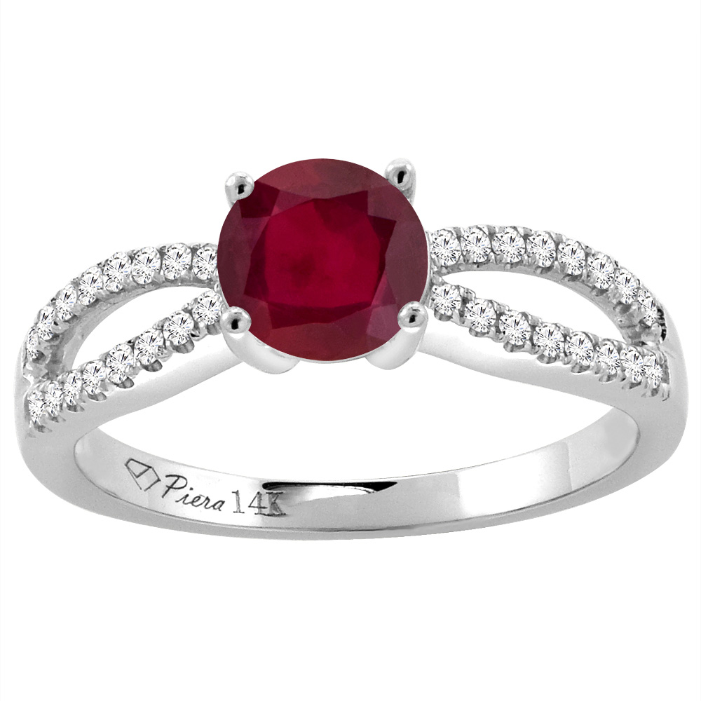 14K White Gold Diamond Enhanced Genuine Ruby Engagement Ring Round 7 mm, sizes 5-10