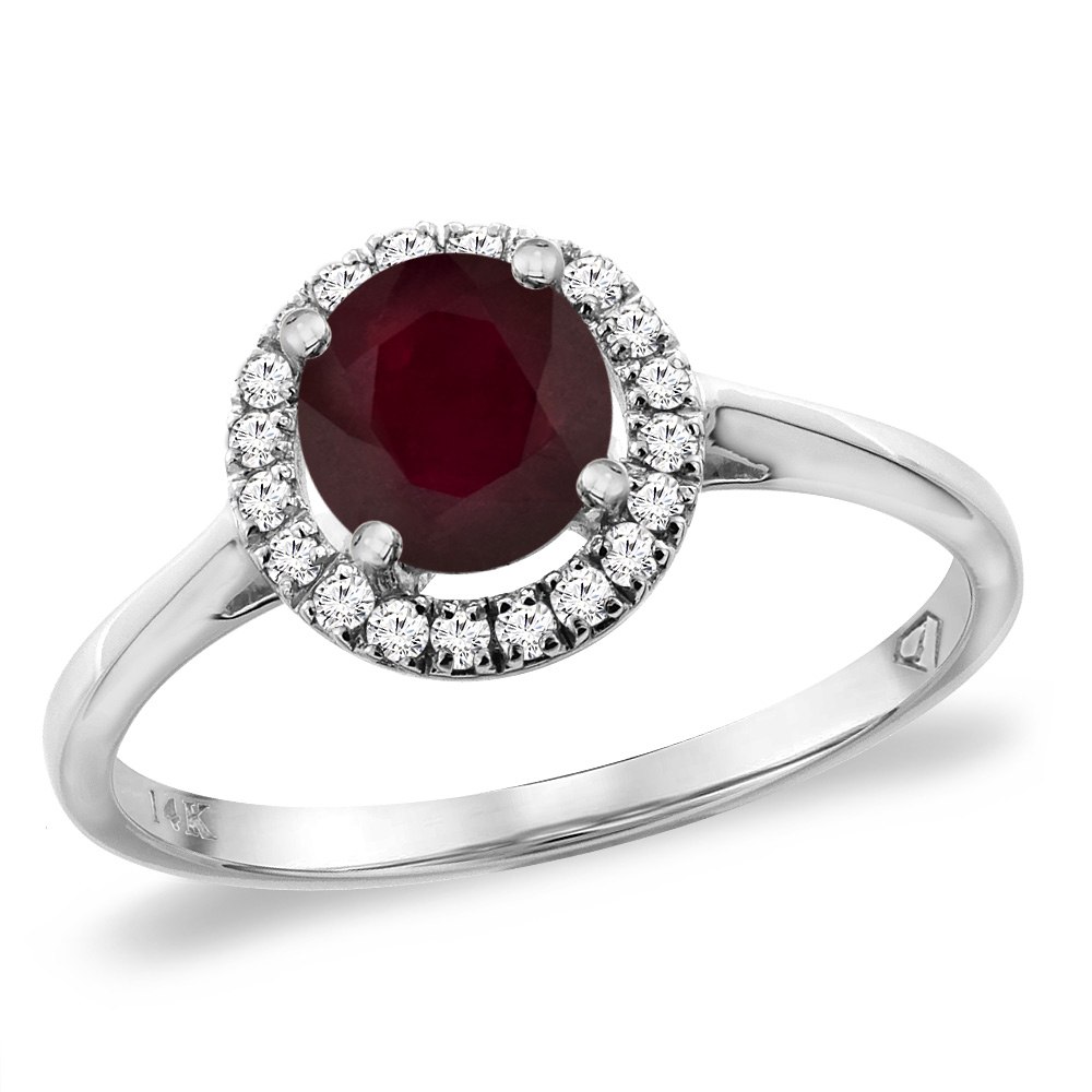 14K White Gold Diamond Halo Enhanced Genuine Ruby Engagement Ring Round 6 mm, sizes 5 -10