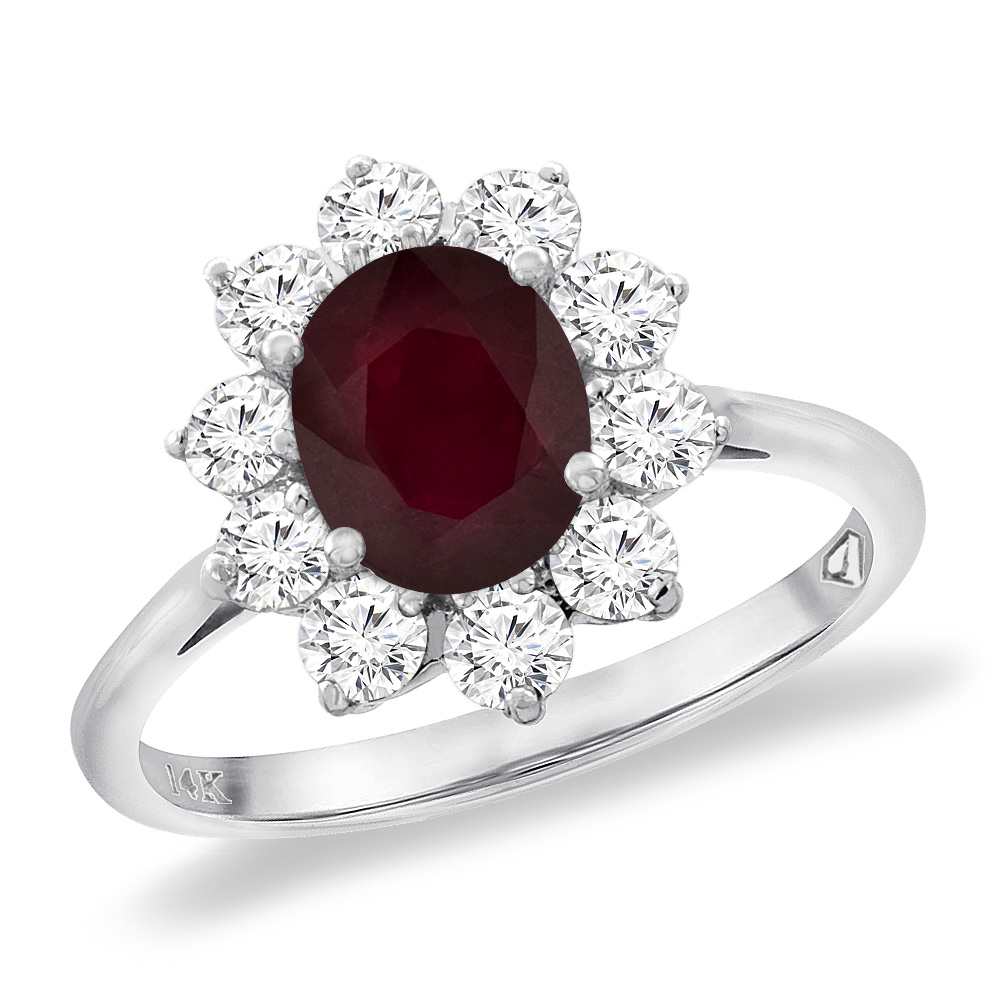 14K White Gold Diamond Enhanced Genuine Ruby Engagement Ring Oval 8x6 mm, sizes 5 -10