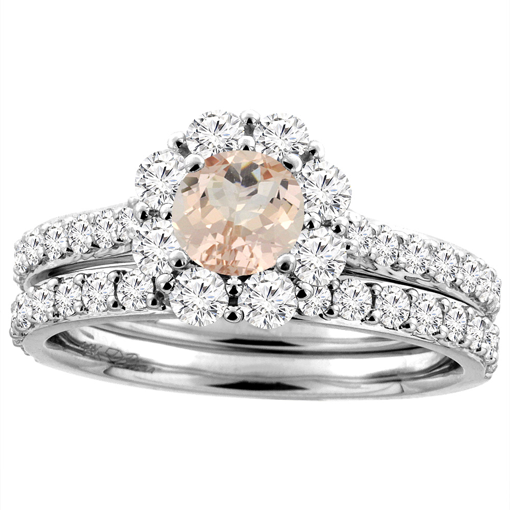 14K White Gold Diamond Enhanced Genuine Ruby Halo Engagement Ring Set Round 5 mm, sizes 5-10