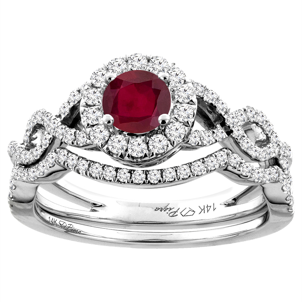 14K White Gold Diamond Enhanced Genuine Ruby Halo Engagement Bridal Ring Set Round 5 mm, sizes 5-10