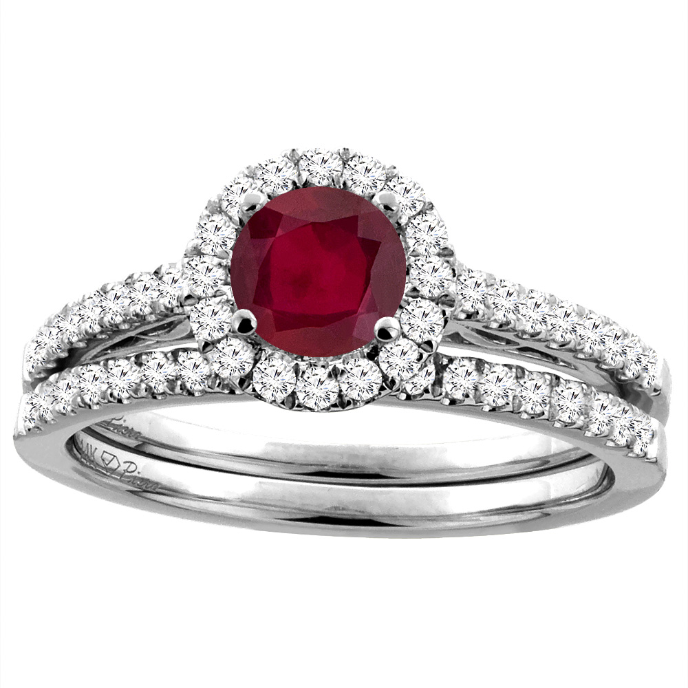 14K White Gold Diamond Enhanced Genuine Ruby Halo Engagement Bridal Ring Set Round 6 mm, sizes 5-10