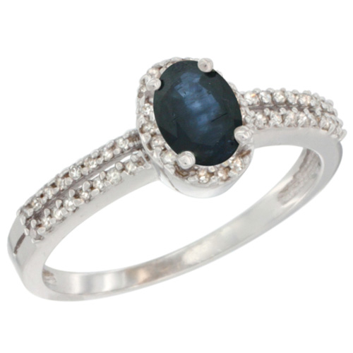 14K White Gold Natural Blue Sapphire Ring Oval 6x4 Stone Diamond Accent, sizes 5-10
