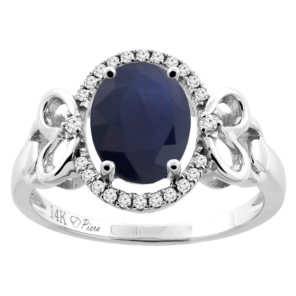 14K Gold Natural Blue Sapphire Halo Ring Oval 9x7 mm Diamond &amp; Heart Accents, sizes 5 - 10