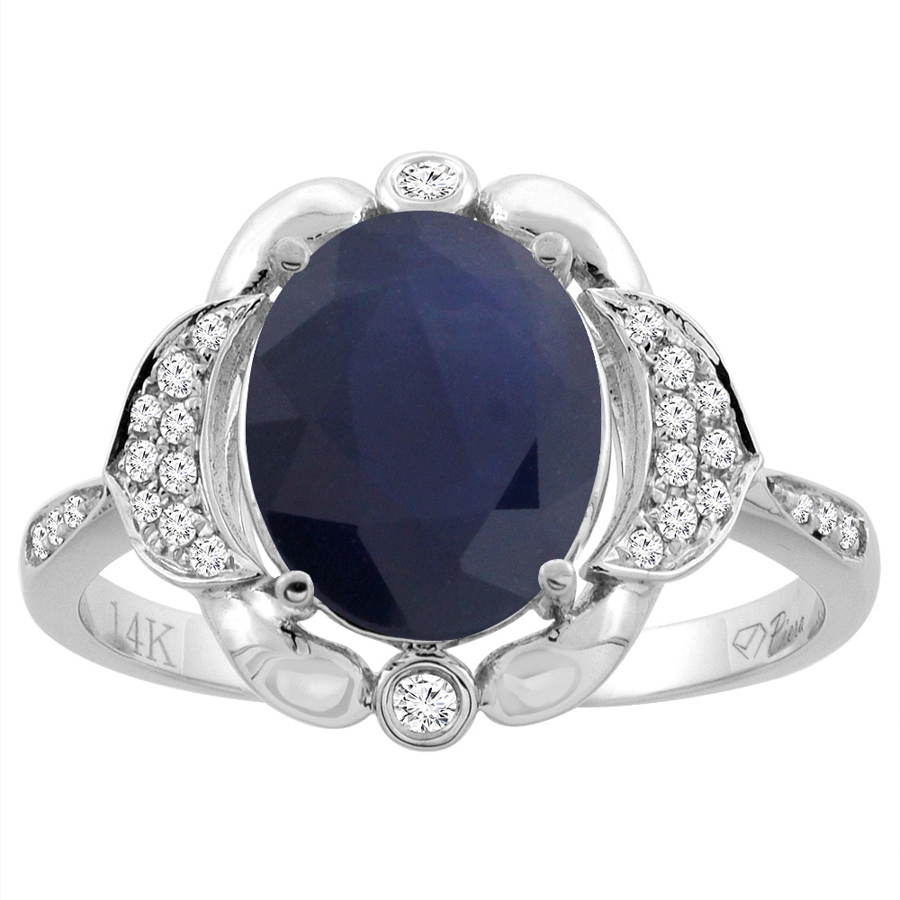 14K White Gold Diamond Natural Blue Sapphire Engagement Ring Oval 10x8mm, sizes 5-10