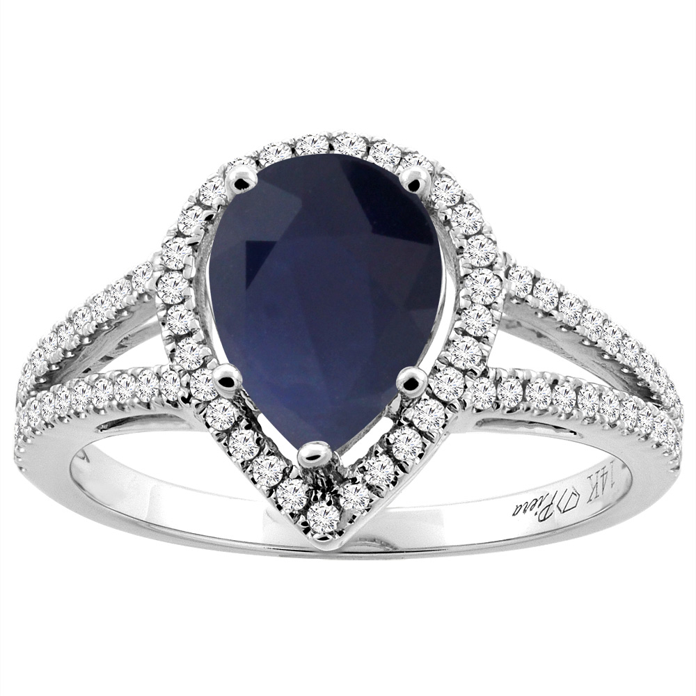 14K Gold Natural Diffused Ceylon Sapphire Ring Pear Shape 9x7 mm Diamond Accents, sizes 5 - 10