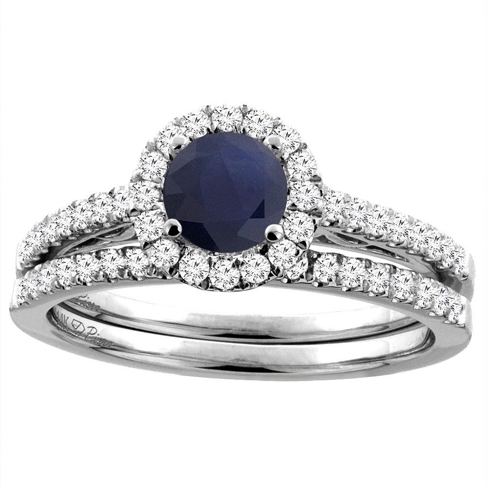 14K White Gold Diamond Halo Natural Quality Blue Sapphire Engagement Ring Set Round 6 mm, size 5-10