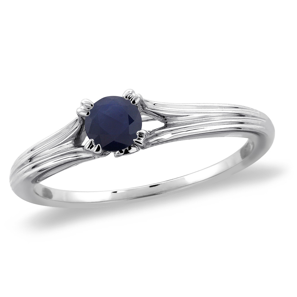 14K White Gold Diamond Natural Blue Sapphire Solitaire Engagement Ring Round 5 mm, sizes 5 -10