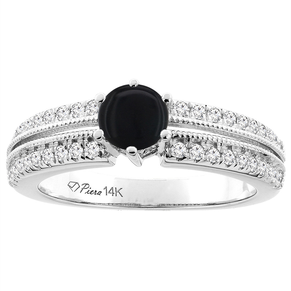 14K White Gold Natural Black Onyx & Diamond Ring Round 6 mm, sizes 5-10