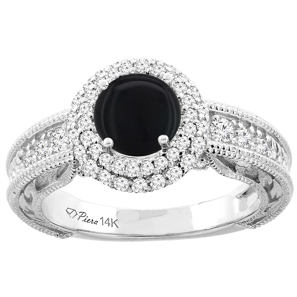 14K White Gold Natural Black Onyx & Diamond Halo Ring Round 6 mm, sizes 5-10