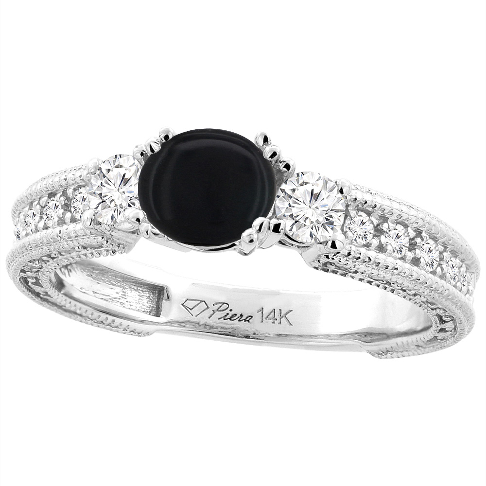 14K White Gold Natural Black Onyx & Diamond Ring Round 6 mm, sizes 5-10