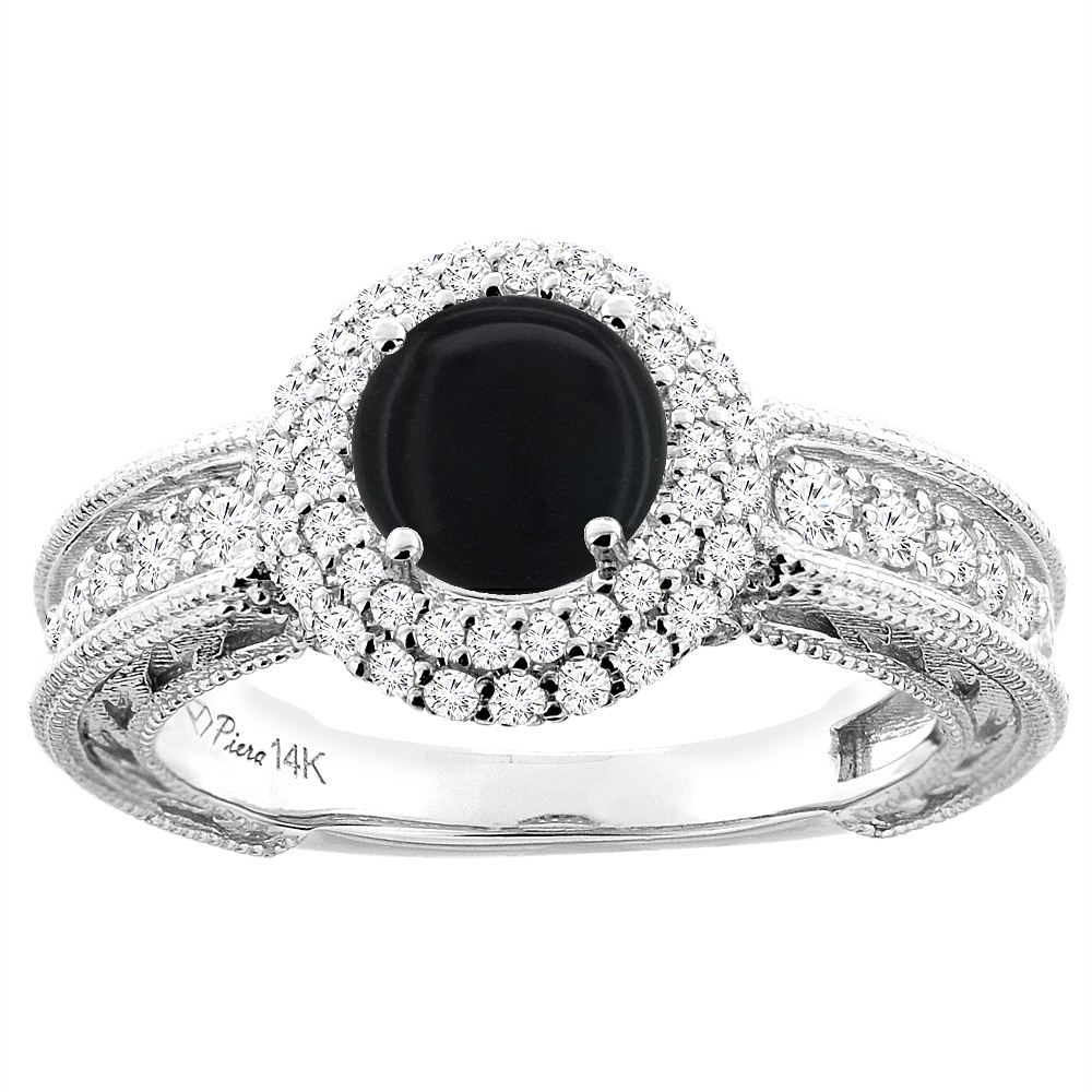 14K Yellow Gold Natural Black Onyx & Diamond Halo Ring Round 6 mm, sizes 5-10