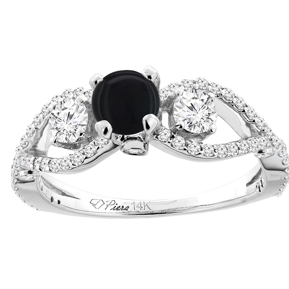 14K White Gold Natural Black Onyx &amp; Diamond Ring Round 6 mm, sizes 5-10