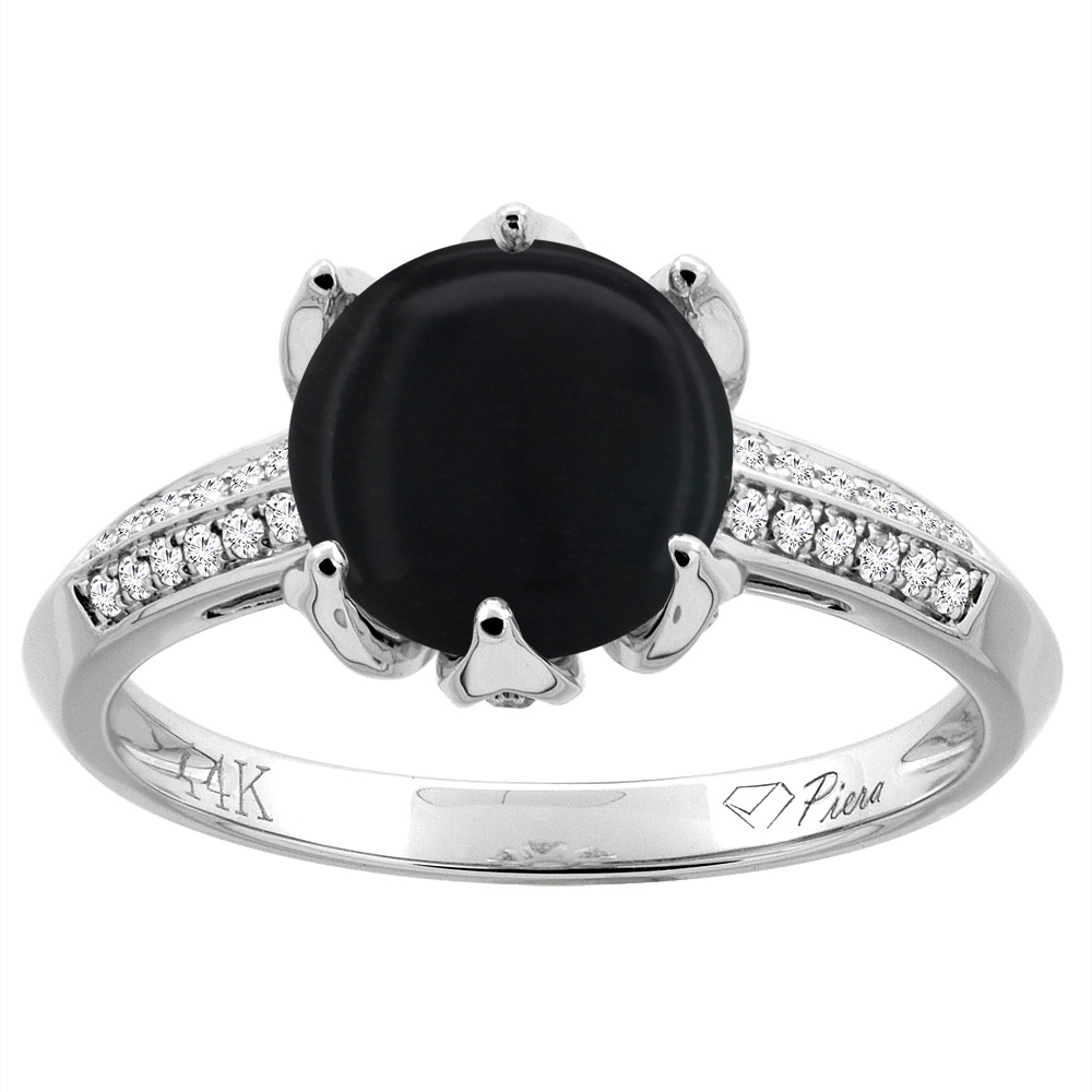 14K Gold Natural Black Onyx Ring Round 8 mm Diamond Accents, sizes 5 - 10