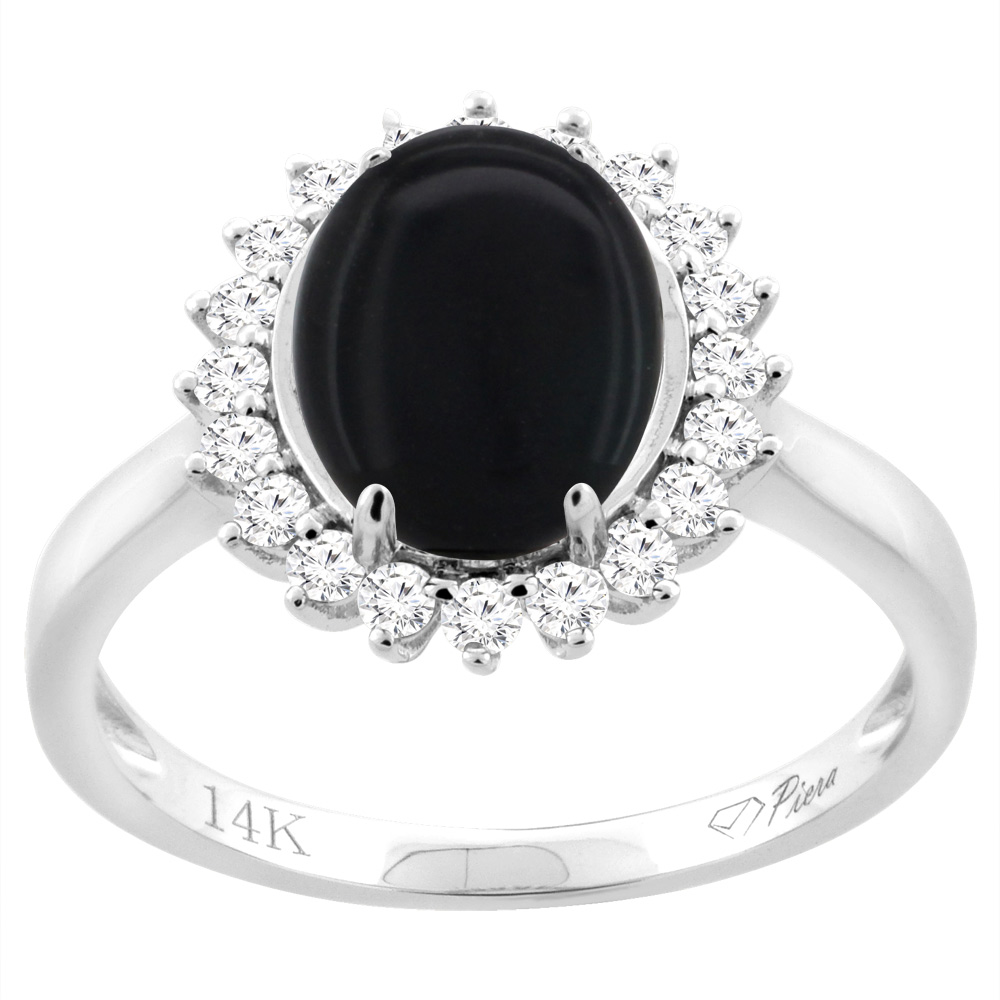 14K White Gold Diamond Natural Black Onyx Engagement Ring Oval 10x8mm, sizes 5-10