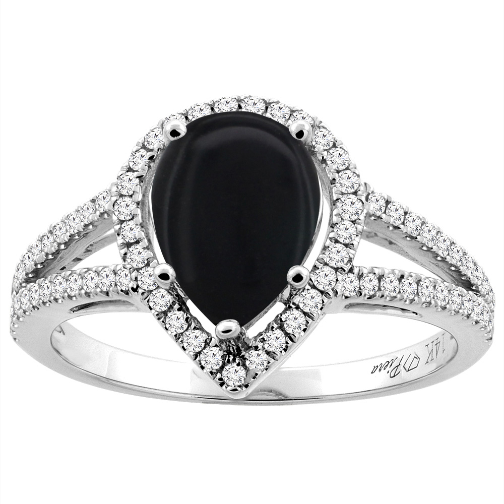 14K Gold Natural Black Onyx Ring Pear Shape 9x7 mm Diamond Accents, sizes 5 - 10