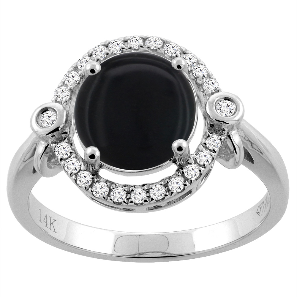 14K White Gold Diamond Natural Black Onyx Engagement Ring Oval 10x8mm, sizes 5-10