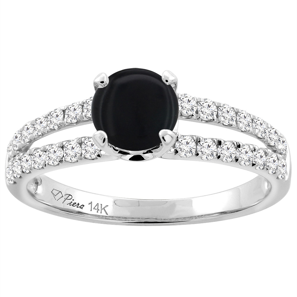 14K White Gold Natural Black Onyx Engagement Ring Round 6 mm Split Shank Diamond Accents, sizes 5 - 10