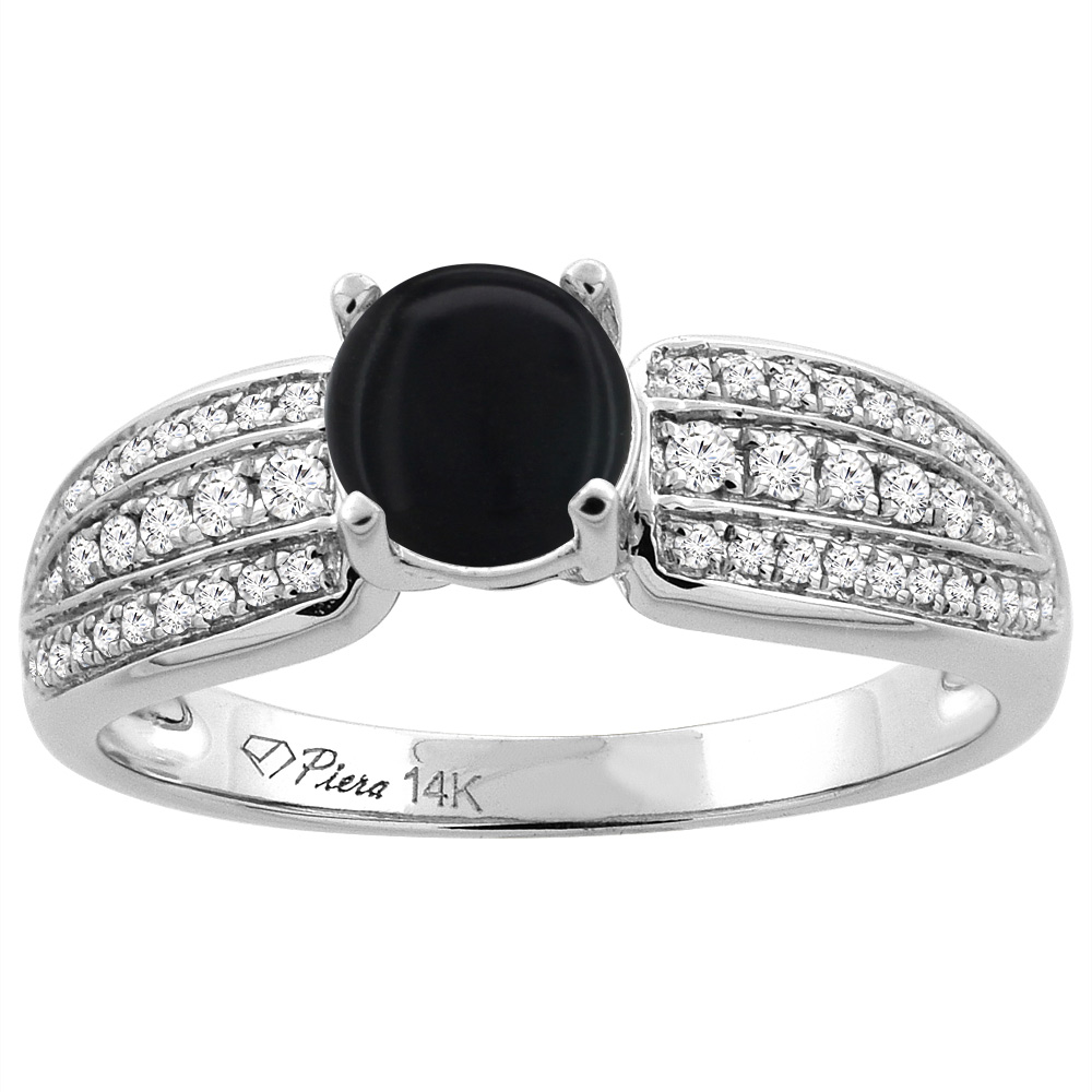 14K White Gold Natural Black Onyx Engagement Ring Round 6 mm 3-row Diamond Accents, sizes 5 - 10