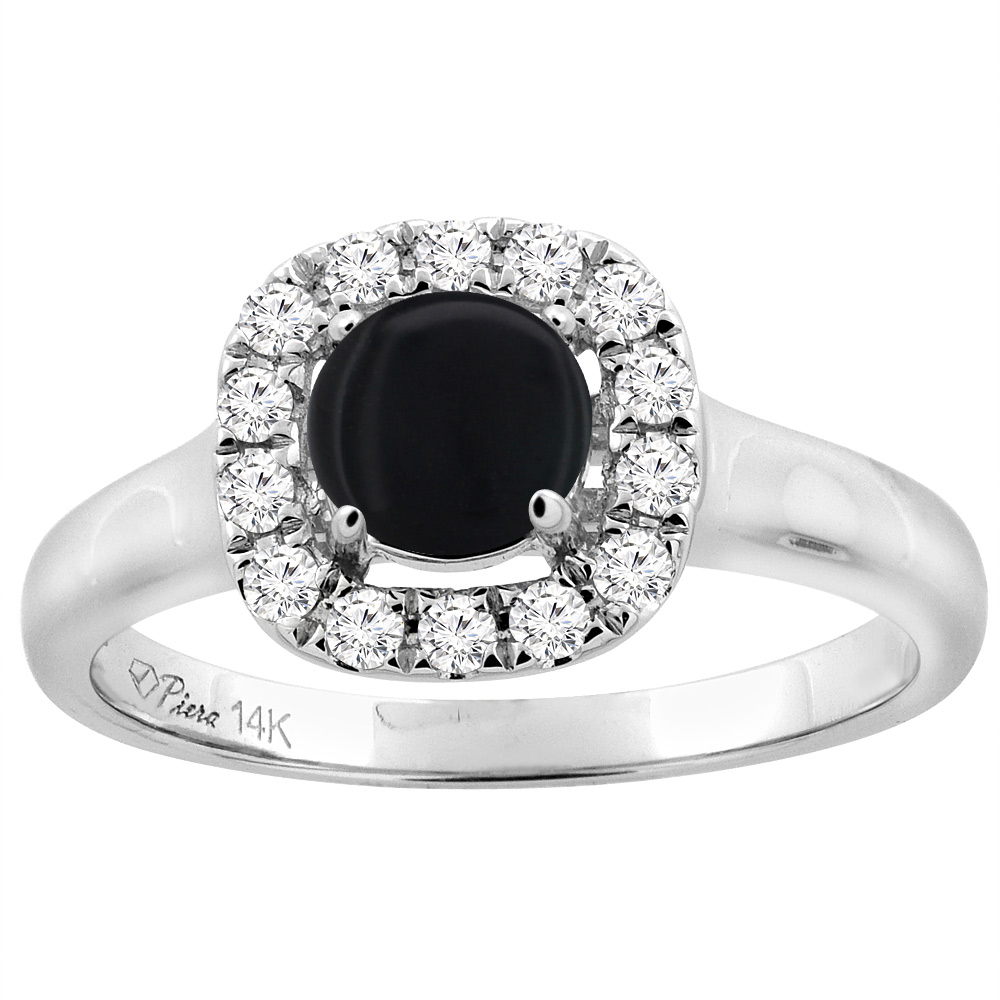 14K White Gold Natural Black Onyx Halo Engagement Ring Round 6 mm Diamond Accents, sizes 5 - 10